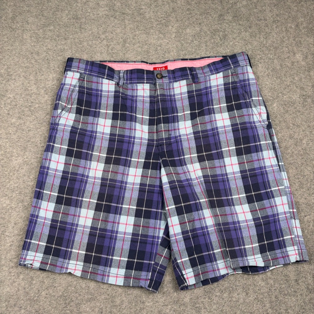 Y2K Izod Shorts Mens 40 Purple Plaid Madras Flat Front Casual Surf Summer Golf
